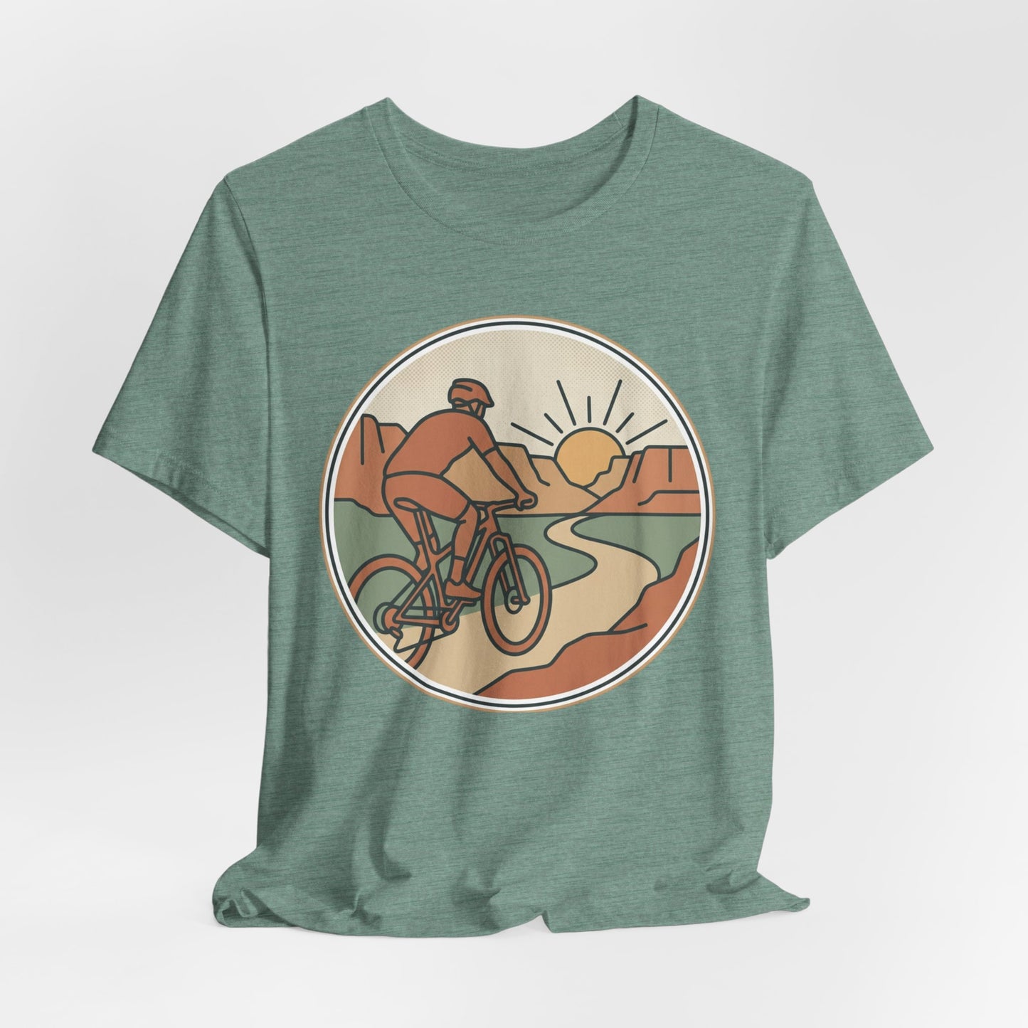 Cycling Sunset T‑Shirt — Retro Mountain Bike Tee for Outdoor Adventure Lovers