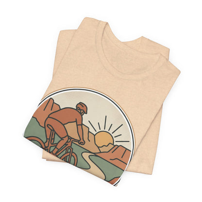 Cycling Sunset T‑Shirt — Retro Mountain Bike Tee for Outdoor Adventure Lovers