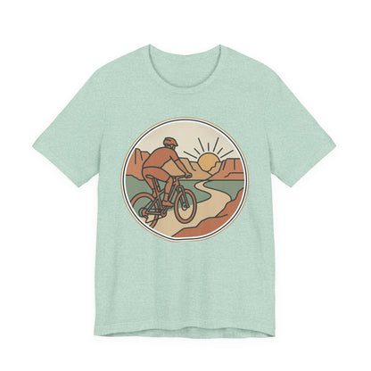 Cycling Sunset T‑Shirt — Retro Mountain Bike Tee for Outdoor Adventure Lovers