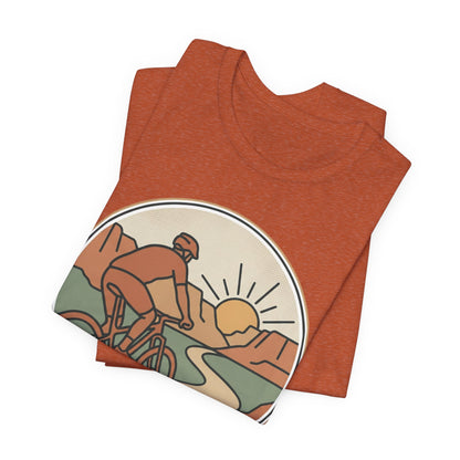 Cycling Sunset T‑Shirt — Retro Mountain Bike Tee for Outdoor Adventure Lovers