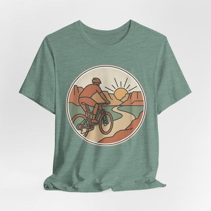 Cycling Sunset T‑Shirt — Retro Mountain Bike Tee for Outdoor Adventure Lovers