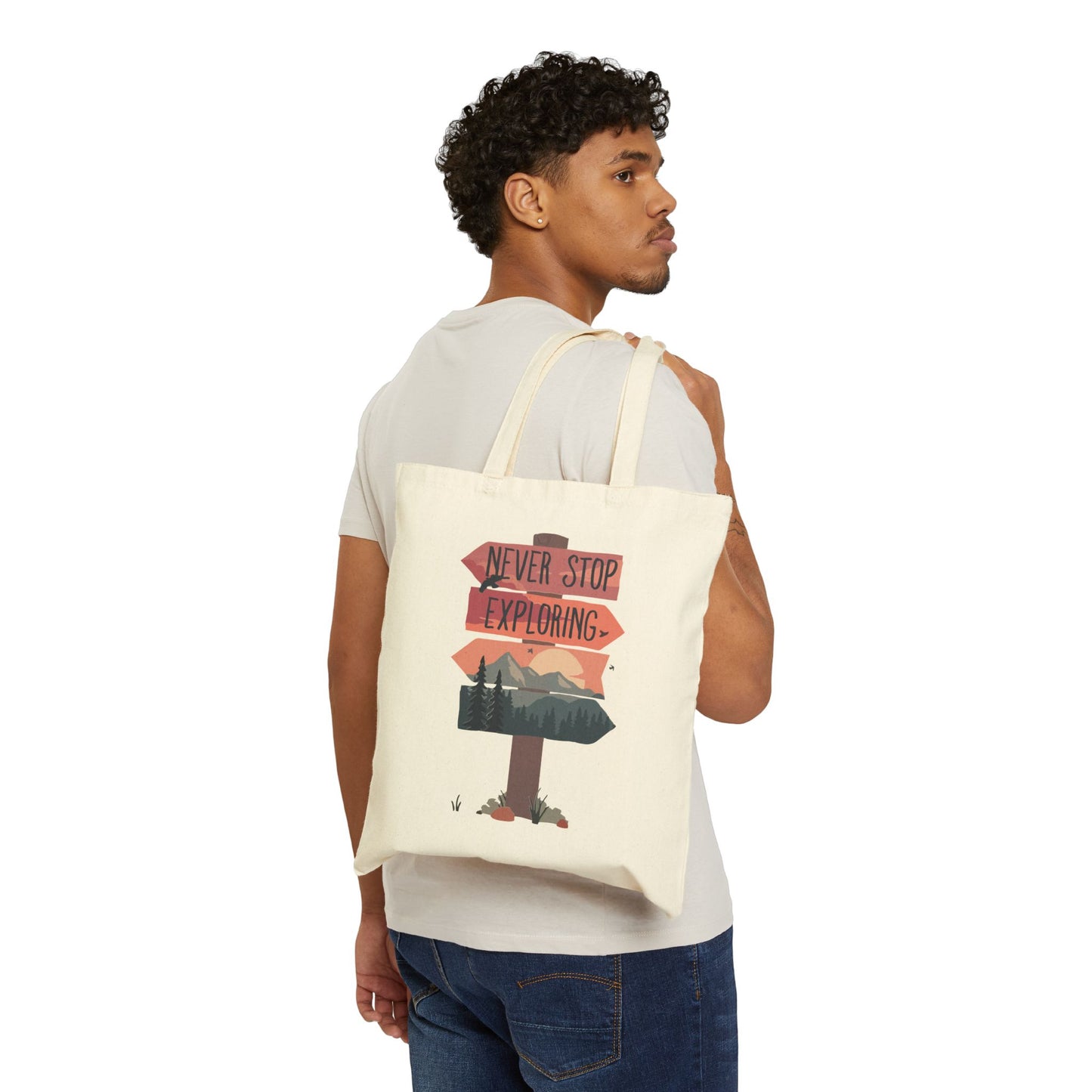 Never Stop Exploring Canvas Tote Bag – Outdoor Adventure Eco Shopper