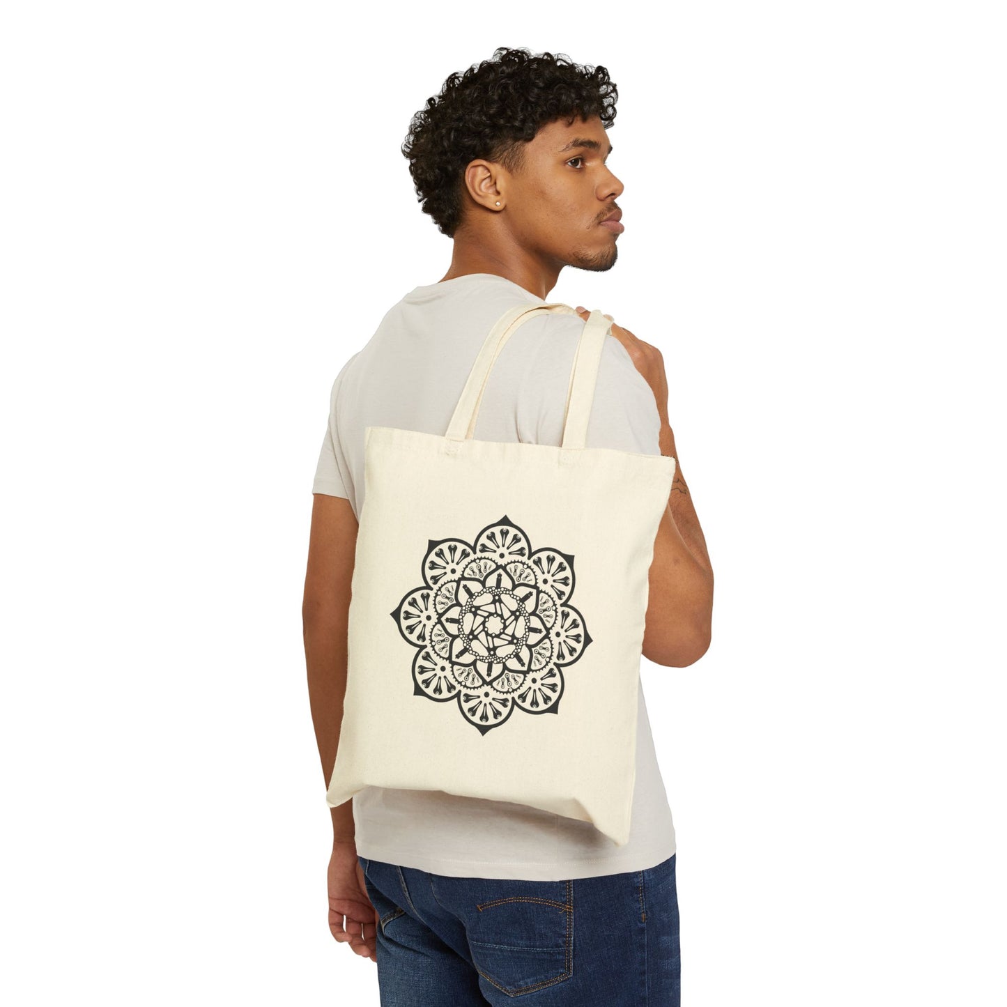 Mandala Canvas Tote Bag — Boho Floral Cotton Grocery & Beach Bag