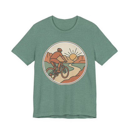 Cycling Sunset T‑Shirt — Retro Mountain Bike Tee for Outdoor Adventure Lovers