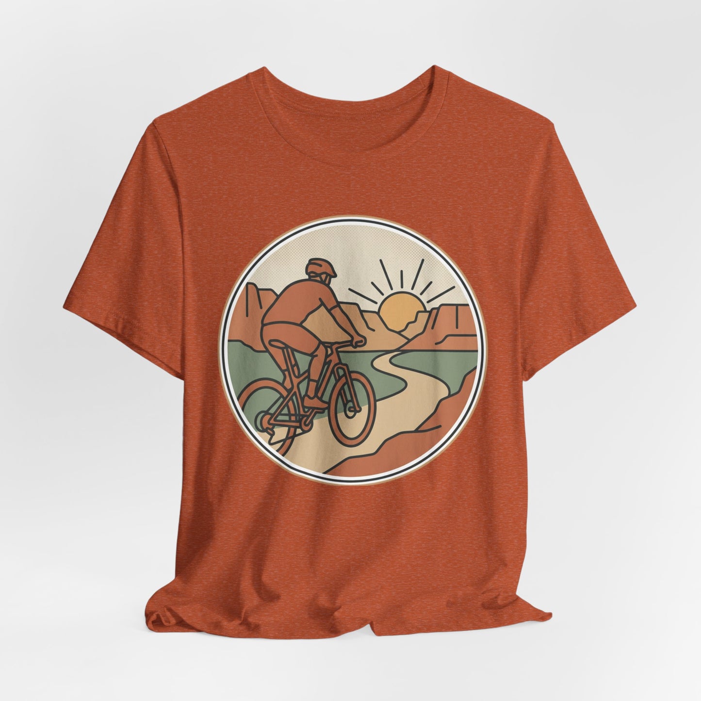 Cycling Sunset T‑Shirt — Retro Mountain Bike Tee for Outdoor Adventure Lovers