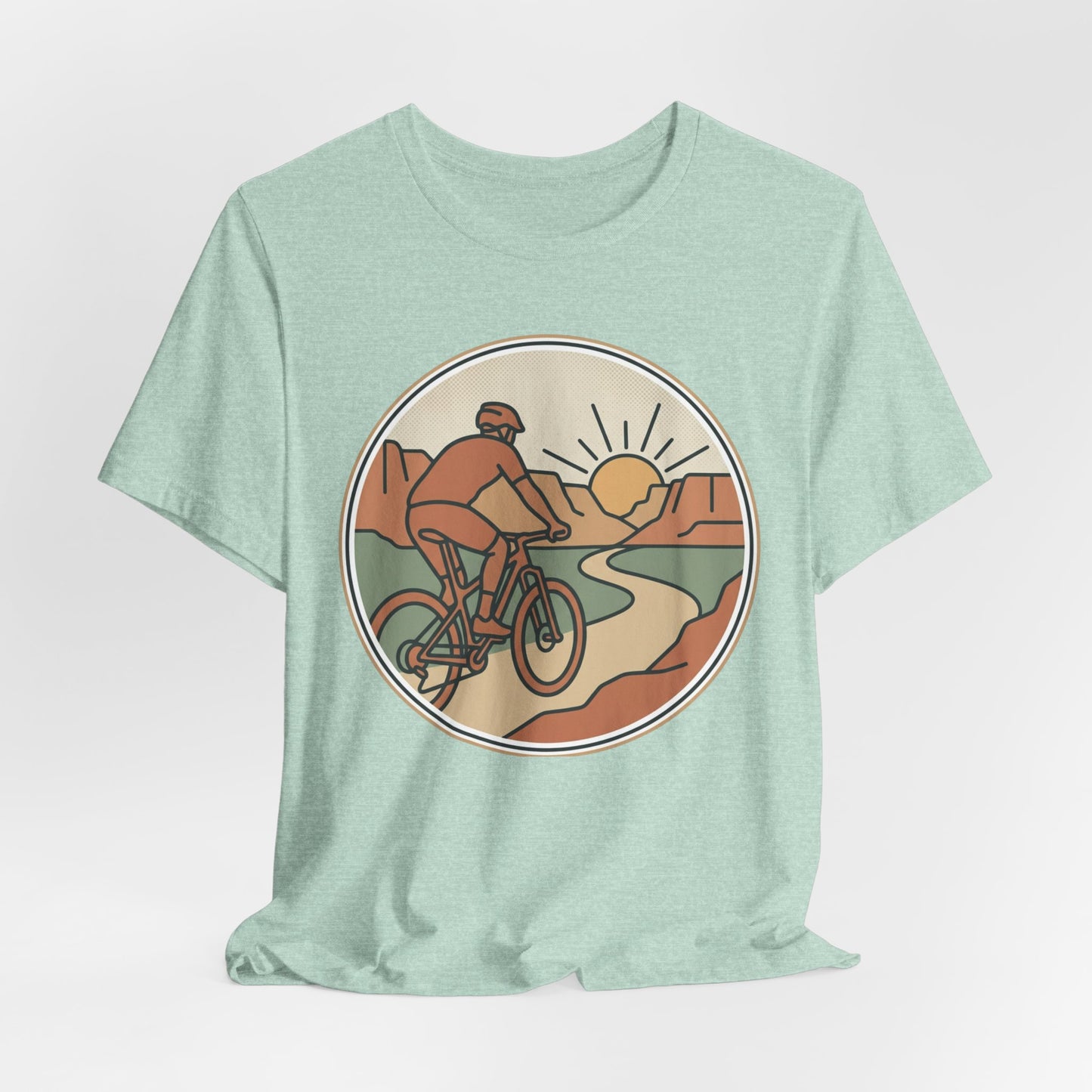 Cycling Sunset T‑Shirt — Retro Mountain Bike Tee for Outdoor Adventure Lovers