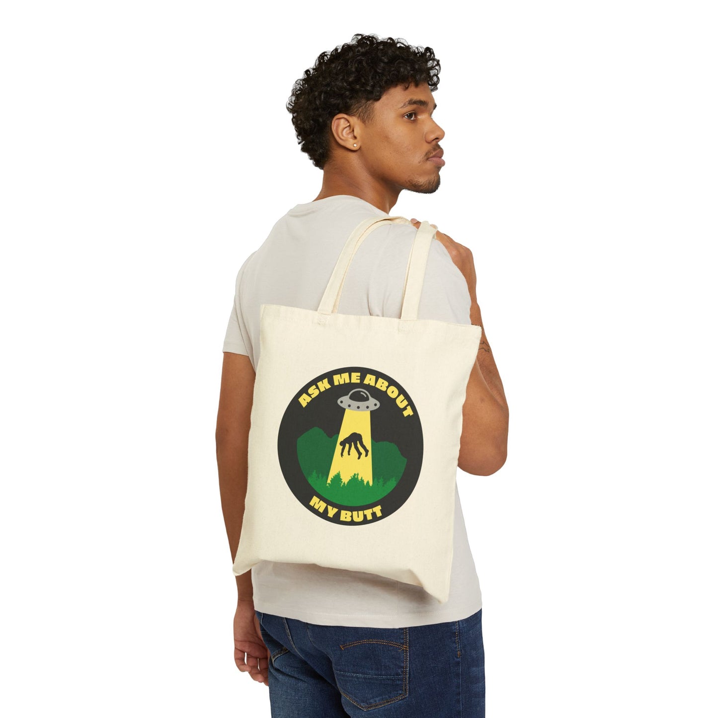 Tote Bag — 'Ask Me About My Butt' UFO Abduction Funny Cotton Canvas Tote